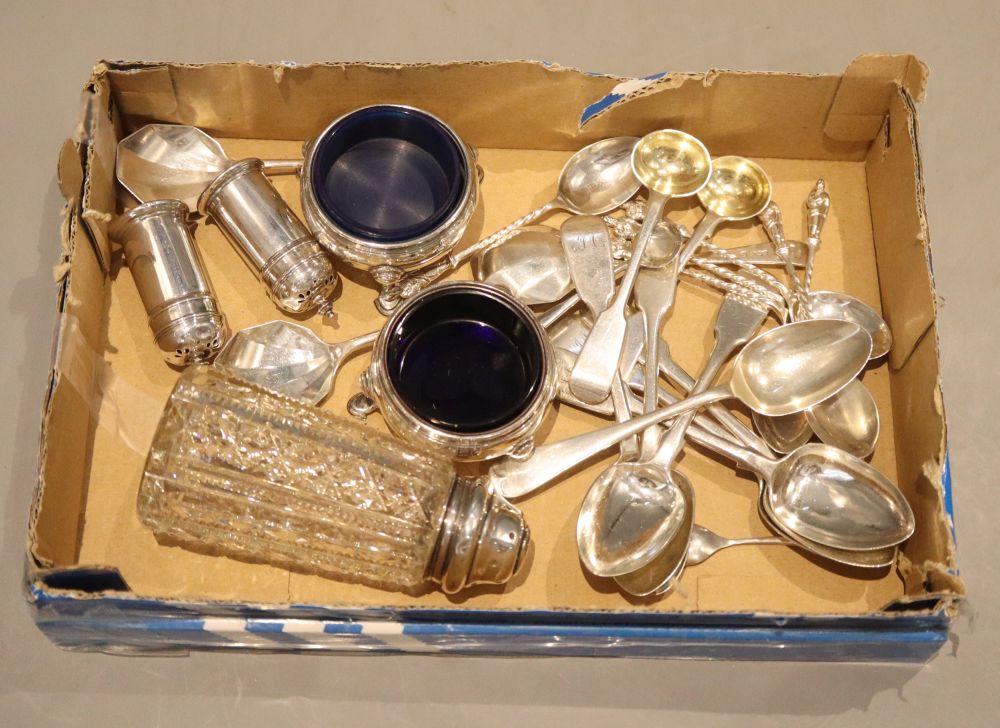 A pair of George III silver bun salts, Robert Hennell, London, 1773, 63mm(associated liner), condiments and flatware.